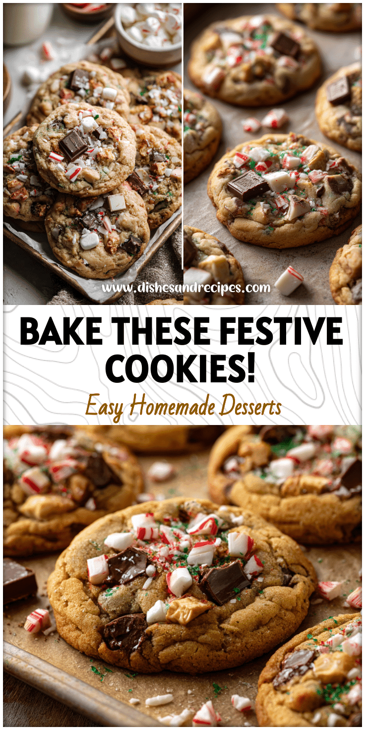 A tray of golden Christmas Kitchen Sink Cookies with peppermint candy and chocolate pieces in a festive kitchen scene.